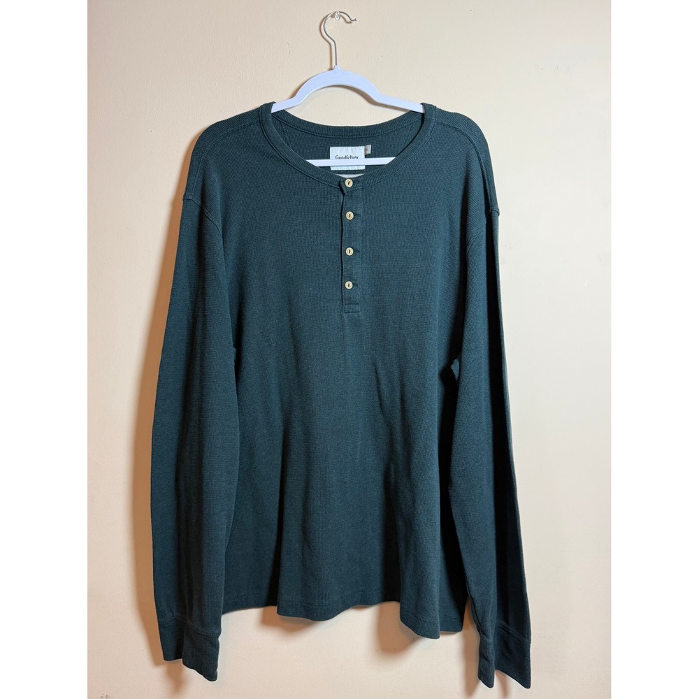 Goodfellow Mens XXL Green Waffle Knit Crew Henley Long Sleeve Shirt Thermal Top